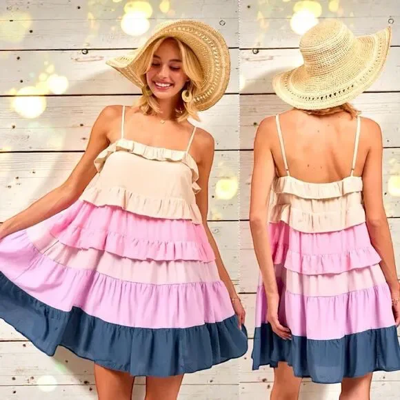 BiBi Color Blocked Ruffled Tiered Dress Medium NWT | - Picture 2 of 14